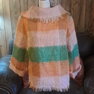 Mohair Wool Cowl Neck Sweater w Roll 3/4 Sleeve Colorblock Fringe Multicolor
